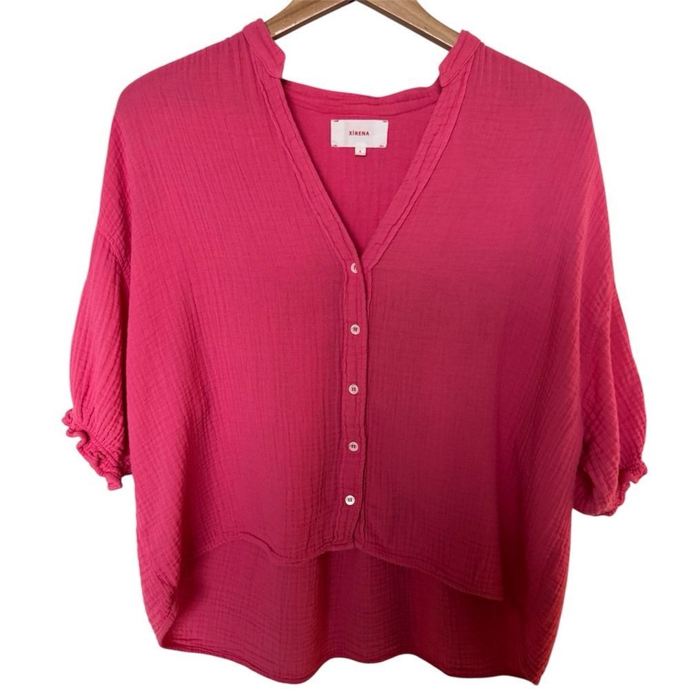 XIRENA 100% Cotton Gauze Alyss Shirt Short Sleeve Button Down Top Hot Pink Small